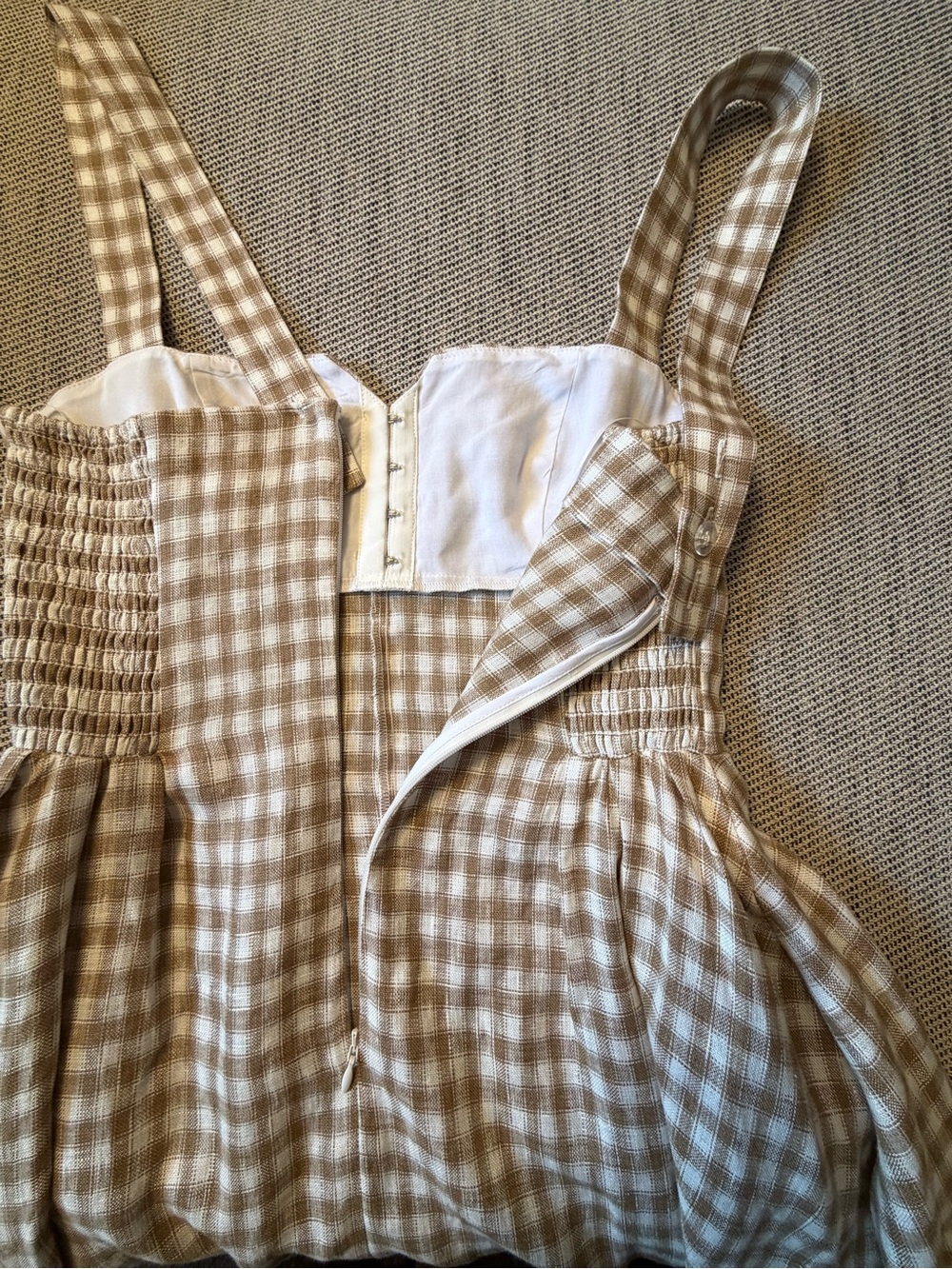 NEW Reformation Roma Midi Linen Dress Dunes Check Gingham Tan White | US 0 UK 4 - Picture 9 of 15
